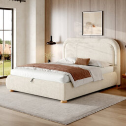 Modernluxe 5Ft King Bed, Ottoman Bed, (150 X 200 Cm), With Deep Curved Headboard & Reinforced Slatted Base, Beige, Bouclé - thumbnail 3