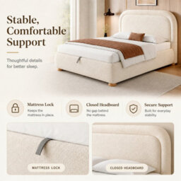 Modernluxe 5Ft King Bed, Ottoman Bed, (150 X 200 Cm), With Deep Curved Headboard & Reinforced Slatted Base, Beige, Bouclé - thumbnail 5