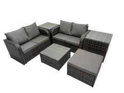 Fimous Rattan Garden Outdoor Furniture Set Love Sofa Square Coffee Table Set With 2 Side Table Big Stool Dark Grey Mixed - thumbnail 2