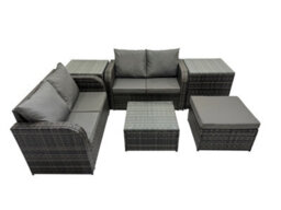 Fimous Rattan Garden Outdoor Furniture Set Love Sofa Square Coffee Table Set With 2 Side Table Big Stool Dark Grey Mixed - thumbnail 1