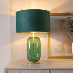 Valuelights Leigh Forest Green And Gold Glass Table Lamp With Green Velvet And Gold Inner Shade
