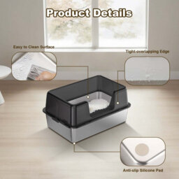 London Boutique 60X40X36.5Cm Stainless Steel Cat Litter Tray, Semi Enclosed High Sided Metal Cat Toilet, Removable Lid, Black - thumbnail 3