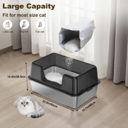 London Boutique 60X40X36.5Cm Stainless Steel Cat Litter Tray, Semi Enclosed High Sided Metal Cat Toilet, Removable Lid, Black - thumbnail 2