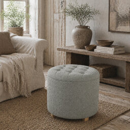 Valefi Round Teddy Fleece Storage Ottoman Light Grey - Diamond Tufted Lid - Wyld Haus - thumbnail 1