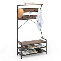 Mondeer Coat Rack Stand Shoe Bench Industrial Style With 9 Removable Hooks Brown