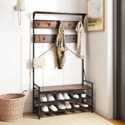 Mondeer Coat Rack Stand Shoe Bench Industrial Style With 9 Removable Hooks Brown - thumbnail 4