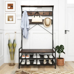 Mondeer Coat Rack Stand Shoe Bench Industrial Style With 9 Removable Hooks Brown - thumbnail 5