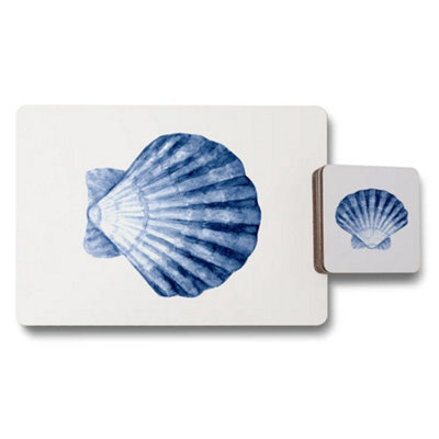 Benjamin Tate Design Blue Seashell Print Placemat And Coaster Set Of Twelve In Walnut Wood Base Designer Artwork Limited Edition - image 1