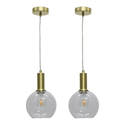 First Choice Lighting Set Of 2 Barnum - Clear Glass Globe Satin Brass Deco Pendant Fittings - image 1