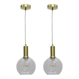 First Choice Lighting Set Of 2 Barnum - Clear Glass Globe Satin Brass Deco Pendant Fittings - thumbnail 1