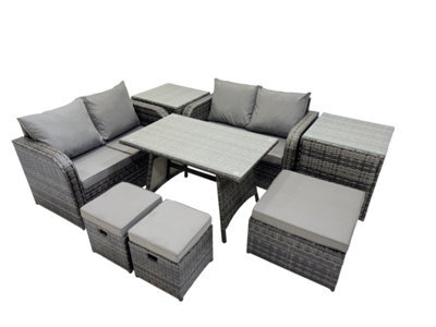 Fimous 7 Seater Garden Outdoor Rattan Furniture Set Rattan Sofa Oblong Dining Table With 2 Side Tables Dark Grey - image 1
