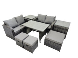 Fimous 7 Seater Garden Outdoor Rattan Furniture Set Rattan Sofa Oblong Dining Table With 2 Side Tables Dark Grey - thumbnail 1