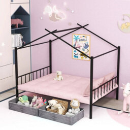 Double Size House Bed Heavy Duty Metal Platform Bed W/2 Drawers - thumbnail 4