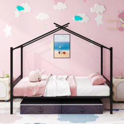 Double Size House Bed Heavy Duty Metal Platform Bed W/2 Drawers - thumbnail 3
