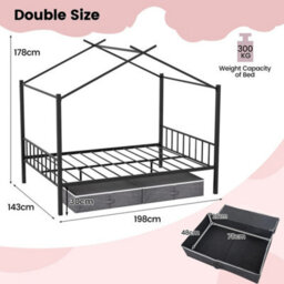 Double Size House Bed Heavy Duty Metal Platform Bed W/2 Drawers - thumbnail 2