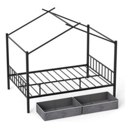Double Size House Bed Heavy Duty Metal Platform Bed W/2 Drawers - thumbnail 1