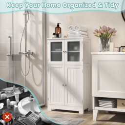 Costway Bathroom Floor Cabinet Freestanding Storage Cupboard W/ 2 Tempered Glass Doors - thumbnail 5
