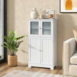 Costway Bathroom Floor Cabinet Freestanding Storage Cupboard W/ 2 Tempered Glass Doors