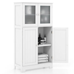 Costway Bathroom Floor Cabinet Freestanding Storage Cupboard W/ 2 Tempered Glass Doors - thumbnail 2