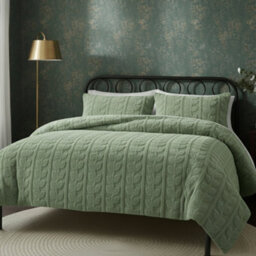 Ultra Soft Teddy Duvet Cover Set Leaves Embossed Cozy Fleece Bedding Green - thumbnail 1