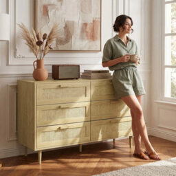 Chest Of Drawers, 6-Drawer Dresser, Tall Storage Drawer Unit With Rattan Element - thumbnail 6