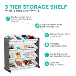 Livivo 4 Tier Kids Toy Storage Unit With 12 Plastic Boxes - thumbnail 2