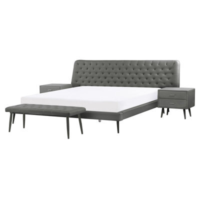 Beliani Bedroom Set Faux Leather Essonne 160 X 200 Cm (Eu King Size) Grey - image 1
