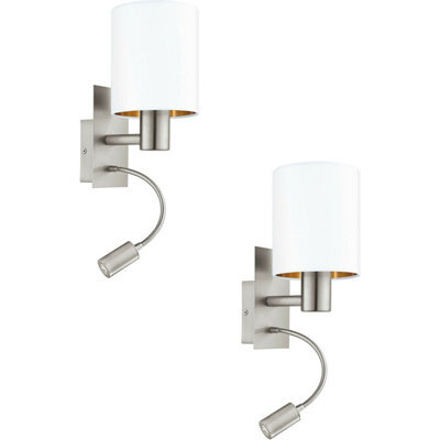 Modern 2 Pack Satin Nickel Wall Lights With White Copper Fabric Shade - image 1