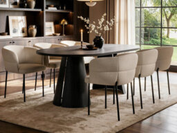 Solace+Co Ebony Extendable Dining Table Black And Elise Dining Chair Set Of 6 Beige