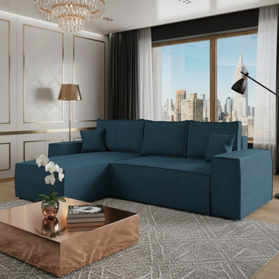 Malaga L Shaped Mdf Corner Sofa Bed With Storage And Pull Out Seat Loose Back Cushions Turquoise Corduroy Left - image 1