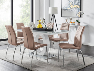 Furniturebox Giovani Rectangular 6 Seat White High Gloss Unique Halo Structural Dining Table Grey Glass Top 6 Beige Faux Leather Isco Chairs - image 1
