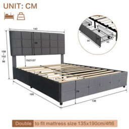 Matteo Luxurious Grey Velvet Double Bed Frame With 4 Storage Drawers, Adjustable Headboard & Usb/usb-C Charging - thumbnail 8