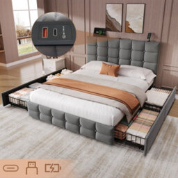 Matteo Luxurious Grey Velvet Double Bed Frame With 4 Storage Drawers, Adjustable Headboard & Usb/usb-C Charging - thumbnail 1