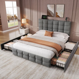 Matteo Luxurious Grey Velvet Double Bed Frame With 4 Storage Drawers, Adjustable Headboard & Usb/usb-C Charging - thumbnail 3
