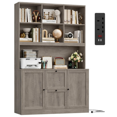 Brown Tall Bookcase With Power Outlets Filing Cabinet With Drawers For A4/letter Files - image 1