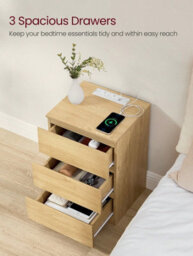 LEDREM Bedside Table With Charging Station, Side End Table With 3 Drawers, 2 Ac Outlets, 2 Usb Ports, Bevelled Drawer Fronts - thumbnail 3