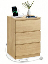 LEDREM Bedside Table With Charging Station, Side End Table With 3 Drawers, 2 Ac Outlets, 2 Usb Ports, Bevelled Drawer Fronts - thumbnail 9