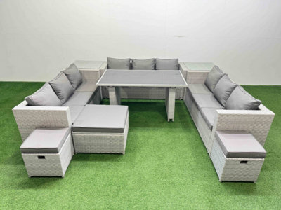 Fimous Patio Outdoor Garden Furniture Sets With Black Glass Top Dining Table 3 Seater Sofa 2 Side Tables 3 Stool Light Grey - image 1