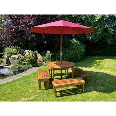 Charles Taylor Knights Garden 8 Seat Round Wooden Dining Table Bench Set Burgundy - image 1