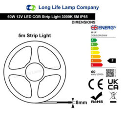 Long Life Lamps Company Ip65 Water Proof Outdoor & Indoor Led Strip Light Tape Warm White Continuous Cob Illumination 5 Metres 12V With Driver - thumbnail 2