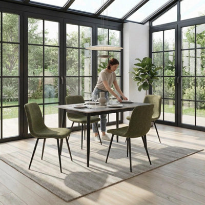 Fwstyle 5 Piece Grey Marble Effect Stone Dining Table & Green Chairs Set - image 1