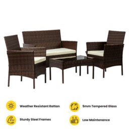 Nustone Rattan Garden Furniture Patio Bistro Set, 2 Seater Sofa, 2 Chairs With Cushions And A Coffee Table - Brown - thumbnail 4