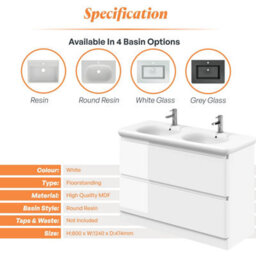 Plum&clay Marvel Gloss White Floor Standing Bathroom Vanity Unit With Round Resin Basin (W)1200mm - thumbnail 4