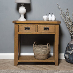 Elm Home And Garden 2 Drawer Rustic Oak Wooden Console Hall Telephone Table  91Cm High X 85Cm Wide X  34Cm Deep Fully Assembled