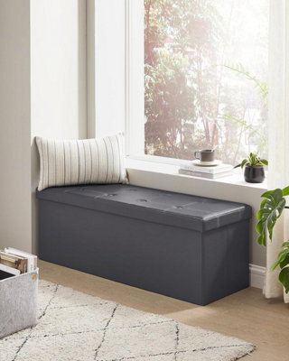 Songmics Ottoman Storage Box, Foldable Storage Bench, Chest With Lid, Footstool, Padded Seat, Wide, Dark Grey - image 1