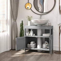 Kleankin Bathroom Pedestal Under Sink Cabinet With Storage Shelves, Door, Grey - thumbnail 7