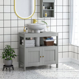 Kleankin Bathroom Pedestal Under Sink Cabinet With Storage Shelves, Door, Grey - thumbnail 1