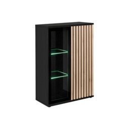 Arte Cameron Display Cabinet W800mm H1180mm D400mm - Black & Jackson Hickory With Glass Door And Led Lighting