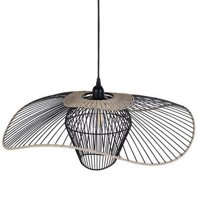 Wyld And Coco Pentant Pendant Lamp Black Iron And Rattan Shade - Adjustable Hanging Light For Living Room, Dining And Foyer - image 1