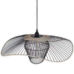 Wyld And Coco Pentant Pendant Lamp Black Iron And Rattan Shade - Adjustable Hanging Light For Living Room, Dining And Foyer - thumbnail 1